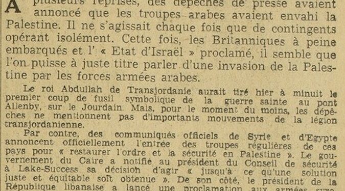 Libération du 16 et 17 mai 1948 : « Les Syriens et les Egyptiens ont attaqué la Palestine »