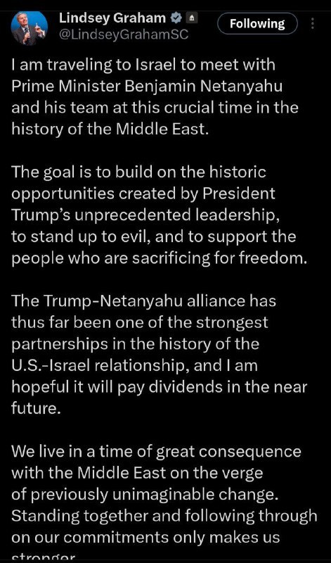 תומר אלמגורהסנאטור הרפובליקני לינדזי גרהאם, המקורב לנשיא טראמפ, הודיע שיגיע לישראל לפגישה עם נתניהו@N12chat...