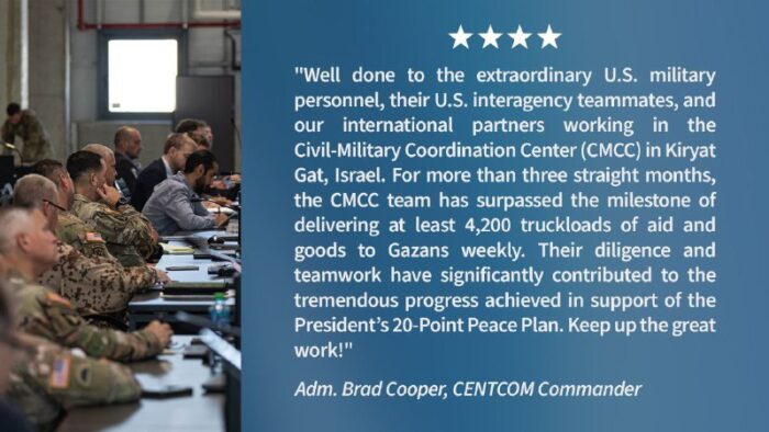 קרן בצלאלמפקד סנטקום האדמירל בארד קופר בהודעה מיוחדת - משבח את עבודת החיילים שמוצבים ב- CMCC שבקריית גת על פועלם בשלושת ...