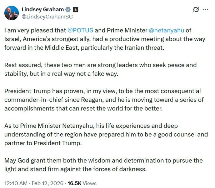 דסק החוץהסנאטור הרפובליקני לינדזי גרהאם, המקורב לנשיא, על פגישת נתניהו-טראמפ: "הם מחפשים שלום ויציבות - אבל אמיתי ולא מז...