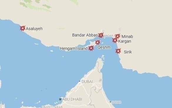 Map of US strikes on Iran thus far.US forces are hitting targets down Iran's southern coast along the Strait of Hormuz: ...